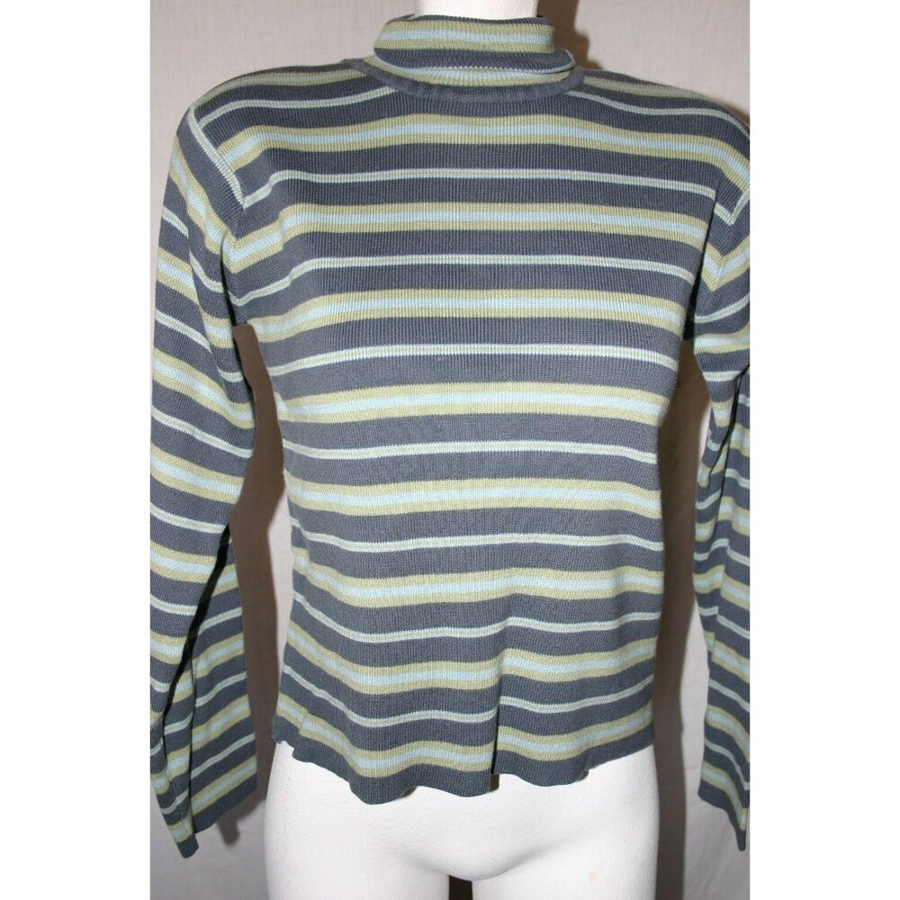 Best Authentic Womens Striped Long Sleeve Sweater Gray Green Size Medium
